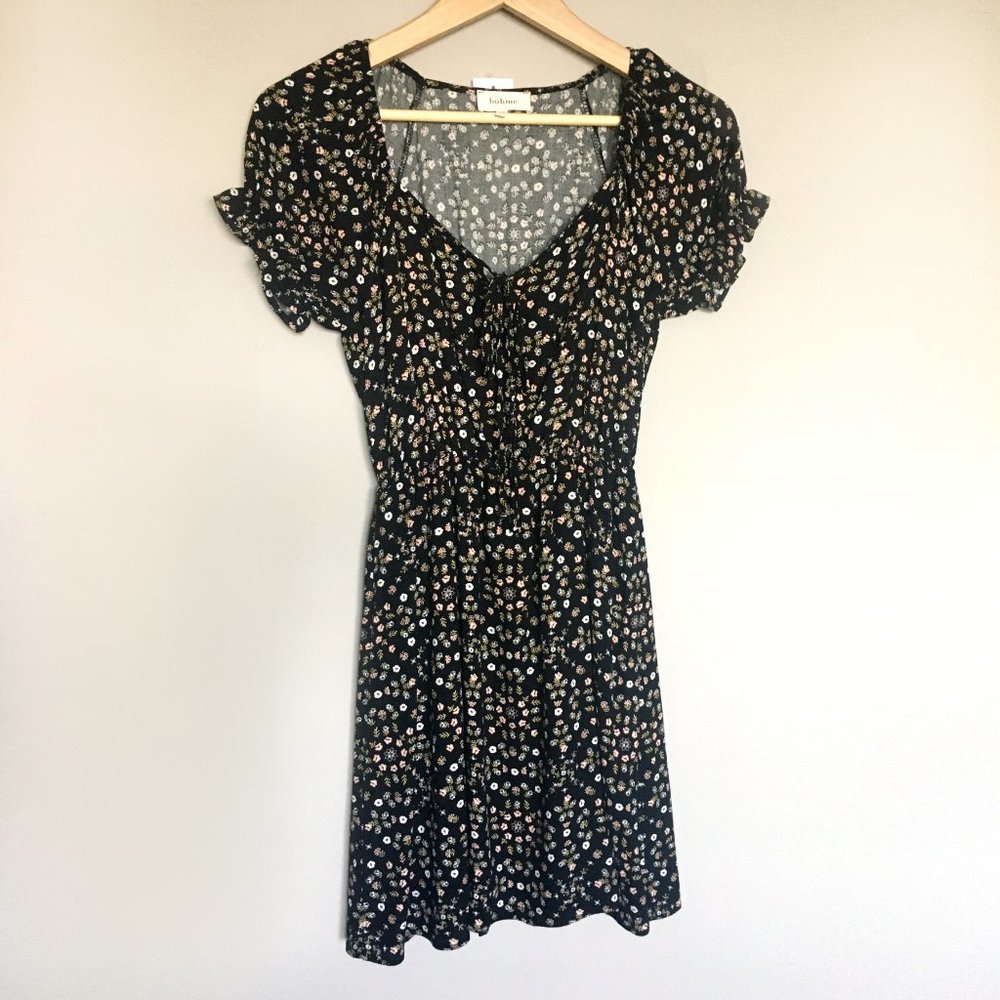 black spring dress w/ tan, white and pink flowers